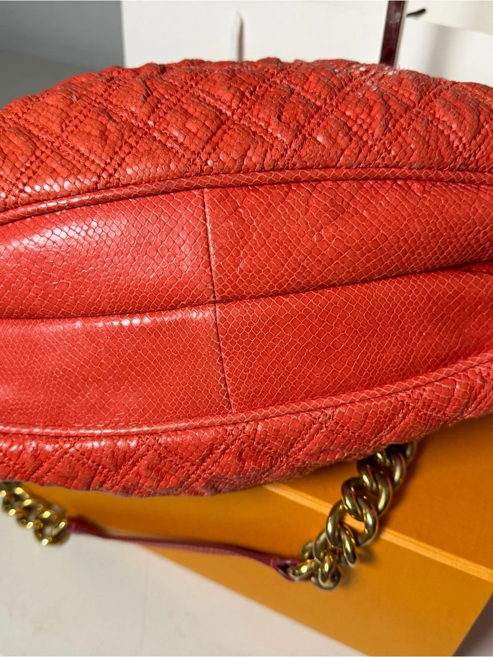 Marc Jacobs Embossed Python Leather Satchel – Coral Red